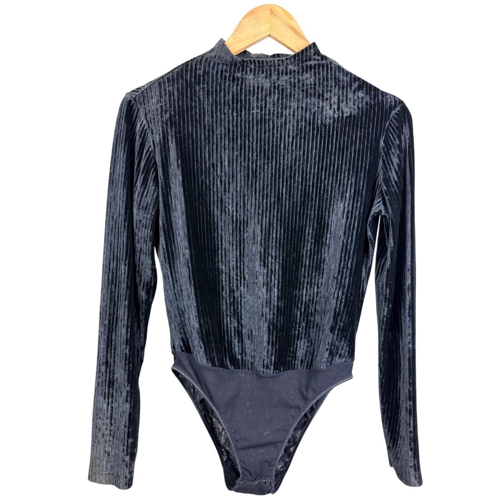80s Vintage Cosabella Italy Bodysuit Black Large‎ Crushed Velvet Long Sleeve Top